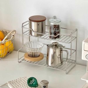 Kitchen Counter Organizer Shelf Stainless Steel Double Layer Standing Shelf Spice Rack Dish Drainer Cabinet Organizer