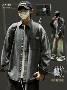 SZON Mens Denim Shirt Long Sleeve Collared Jacket Autumn Winter Fashion Workwear American Style Cotton Jeans Fabric Youth Trend