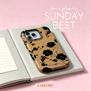 Potdemiel | Black Flame Pattern For 2 in 1 Flower Case For iPhone 17 16 15 14 13 Pro Max Luxury Phone Cover CaseChic