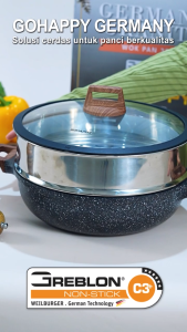 WAJAN WOK PAN JERMAN 32CM STEAMER Panci Gohappy germany Granite Black SUPER KUAT 3XLEBIH TEBAL Non Stick / Alat Masak WokpaN Panci Kukus Granit