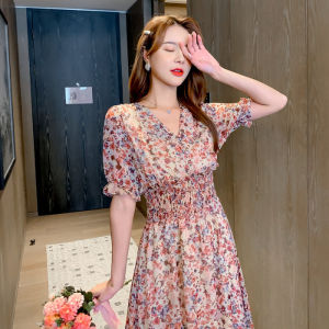 Summer Chiffon Floral Dress 2024 New Arrival Womens Small French Style Temperament V-neck Waist-Controlled Slimming Long Dress