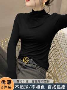 เสื้อยืดคอปกสูงแขนยาวสำหรับผู้หญิง เสื้อชั้นในโมดอล เสื้อคลุมกันหนาวสีดำ ทรงเข้ารูป เสื้อผ้าทำงาน ฤดูใบไม้ร่วง 2025