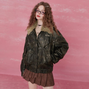 SEENFAAN | SEENFAAN Spicy Girl PU Leather Biker Jacket Womens Autumn Vintage Retro Cotton Coat Street Style Long Sleeve Loose Fit Coat