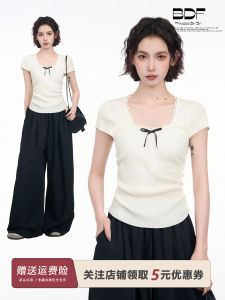 White Lace Square Collar Short Sleeve Knitted T-Shirt Womens Summer Slim Fit Butterfly Knot Half Sleeve Top U-Neck Regular Length