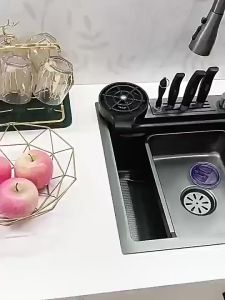 Silvery Kitchen Sink Honeycomb Sink with knife holder Nano sink 304 stainless steel single slot thickened dishwashing sink