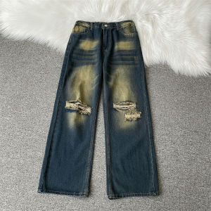 Mens Summer Thin Straight Leg Jeans Distressed Washed Loose Fit Casual Torn Denim Pants High Street Style Youth Fashion