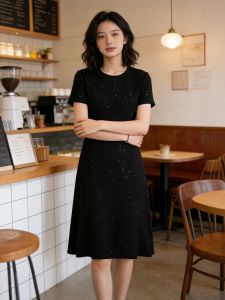 BALENO | Sequined Black Short Sleeve Leisure Fitted Midi Dress