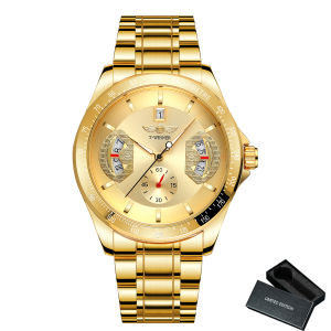 T-WINNER | WINNER Luxury Skeleton Mechanical Watches Multifunction Date Display Stainless Steel Strap Fashion Gold Automatic Mens Watch