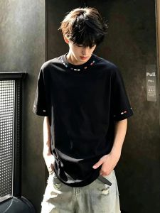 ZHUOCAN | Clean Fit American Style Heavyweight Cotton Mens T Shirt Black Rainbow Embroidery