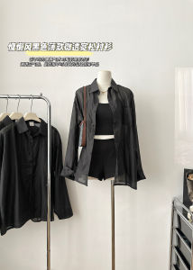 Black Thin Shirt Womens Loose Commute Style Summer New Loose Sun Protection Outerwear Polo Collar Long Sleeve Pure Color