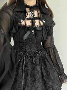 Halloween Dark Gothic Lolita Off-Shoulder Embroidered Waist-Cinched Puffy Skirt Dress Ballet Style Short Skirt Nylon Fabric Lantern Sleeve