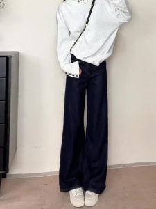 สีดำ สูง เอว ผ้าขนแกะ กางเกงยีนส์ขากว้างเรียงราย ผู้หญิง หลวม พรางหุ่น Bootcut กางเกงขายาว ตัดตรง สไตล์อเมริกัน ฤดูใบไม้ร่วง ฤดูหนาว สินค้าใหม่