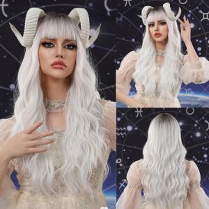 HENRY MARGU White Wavy Synthetic Wig with Bangs Long Body Wavy Dark Root Wigs Women Cosplay Christmas Fake Hair Heat Resistant