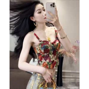 chaqi | Chic Chinese Style Butterfly Retro Sweet Spicy Floral Crop Top Women Summer Design Sleeveless Short Vest Floral Print Casual Wear
