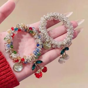 2Pcs Colorful Crystal Cherry Hair Rope Sweet Rhinestone Hair Ring High Elastic Scrunchie Bracelet Dual Use Headwear
