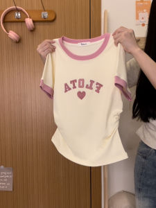 Short Sleeve Embroidered Letter Heart Color Block T-Shirt Womens Sweet Style Korean Version Slim Fit Cotton Blend Top