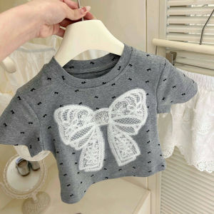 Girls Short Sleeve T-Shirt Butterfly Knot Full Print Polka Dot Casual Versatile Summer Top Korean Style Breathable Polyester Blend