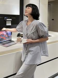 ชุดนอนผู้หญิงแขนสั้น กางเกงขายาว สไตล์ญี่ปุ่น ชุดนอนฤดูร้อน ชุดอยู่บ้าน ชุดสองชิ้น ชุดนอนสไตล์ฝรั่งเศส ชุดนอนฤดูร้อน