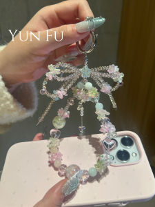 Crystal Anti-Loss Mobile Phone Chain Butterfly Knot Handbag Keychain Beaded Flower Design PET Soft Plastic Digital Accessories