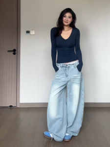 Quần Jeans Nữ Kiểu Mỹ Cổ Điển Lưng Thấp Ống Rộng Dài Đến Sàn Quần Jeans Nữ Kiểu Mùa Thu Đông Mới Về Quần Jeans Nữ
