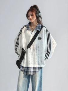 CHANT2nd | Retro Plaid Spliced Fake Two-Piece Womens Polo Sweater Long Sleeve