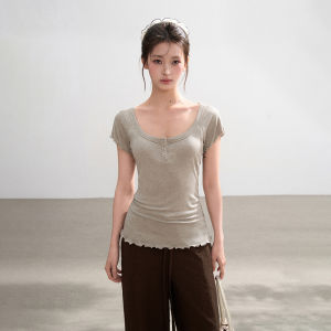 BAIDAIFEI | U-Neck Lace Trimmed Short Sleeve T-Shirt 2026 New Summer
