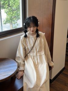 Japanese Style Long Sleeve Embroidered Cotton Linen Dress Loose Midi Shirt Dress Vintage Style round Neck Button Detail A-Line Skirt