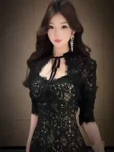 CHANGTONG | Ladylike Style V-Neck Lace Slim Fit Pencil Long Dress Autumn 2026