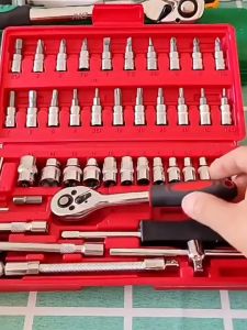 CYKAT Kunci Bengkel Lengkap 46Pcs Socket Set Gagang Sock 1/4\" Konci Sok Obeng Set Handtool Tools Screwdriver Ratchet Kunci Sok Mata Obeng Socket Plus Minus Gagang Ratchet Ukuran 1/4\" Sets 1/4” Drive Socket Ratchet Wrench DIY Series