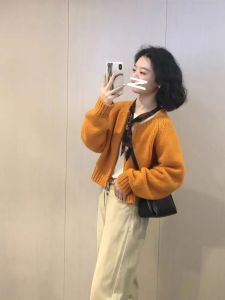 Dệt Kim Ngắn Áo Khoác Cardigan Áo Len Nữ Phong Cách Hàn Quốc 2024 Hàng Mới Về Mùa Thu Kích Thước Nhỏ Châu Âu Áo Khóa Kéo Đóng Màu Trơn