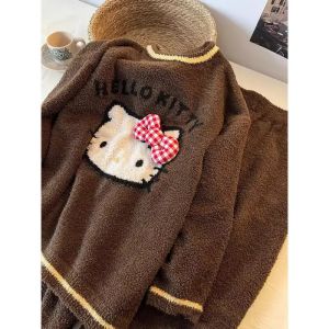 Womens Hello Kitty Pajama Set Flannel Cute Cartoon Pajamas Warm Plush Pajamas Fluffy Comfortable Home Clothes Two Piece Set