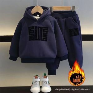 Bộ Đồ Mùa Đông Cho Bé Trai Có Đệm Dày Áo Nỉ Có Mũ Trùm Đầu Quần Thể Thao 2 Món Ấm Áp Thường Ngày Trang Phục Trẻ Em Dành Cho Lứa Tuổi 2-6 Màu Hải Quân Khaki