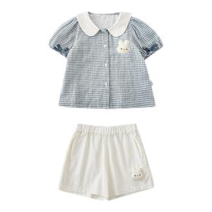 Cute Rabbit Print Gingham Summer Shorts for Girls Baby Fresh Style Plaid Doll Shirt Short Sleeve Cotton Blend Clothing Set