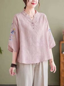 Brand Discount Cotton Linen Embroidery V-neck Loose Slimming Casual Top Womens Loose Fit Drawstring Sleeveless Summer Shirt