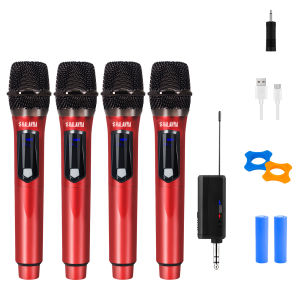 SHALANRA RE408 UHF Wireless Microphone Dual Handheld Microphone Multi-purpose UHF 4-channel Wireless Microphone for Conference Lecture Teaching Red Dual Handheld karaoke Microphone