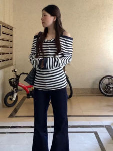 YUEZHONGWEI | Spring Style Striped Illusion Off-Shoulder Fitted T-Shirt