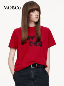 MO&Co. | Short Sleeve Lightweight Cotton T-Shirt with Snow Yarn Texture Round Neck Loose Fit Slogan Print