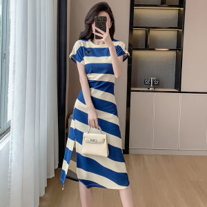 Fashionable High-End Contrast Color Striped Dress for Women Summer New Design Slim Fit Medium Length Open-Front Work Clothing