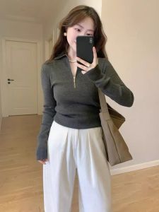 HUOLISI | French Grey Slim Fit Polo Collar Womens Summer Knit Top