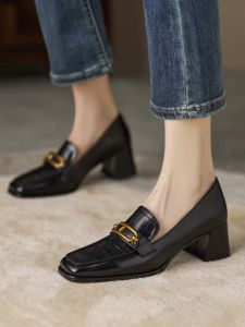 French Vintage Metal Buckle Deep Mouth Single Shoes Personality Square Head Thick Heel High Heels British Style Slip-On Loafers Womens Footwear