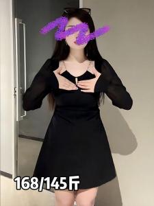 plus Size Hepburn Style Long Sleeve Dress Womens Early Autumn Small Waist Inward High Slimming Black Short Skirt