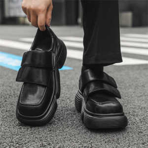 Trendy Dad Shoes Casual Leather Shoes Thick Bottom Breathable Mesh Lining Magic Tape Bread Shoe British Style Spring Autumn