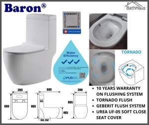Baron W898 Rimless Tornado Toilet Bowl Gebert Flushing System Water Efficiency 10 Years Warranty Tornado Flush Urea UF-05 Soft Close Seat Cover