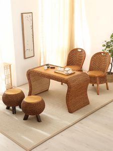 Rattan Wicker Rectangular Tea Table Casual Small Table Balcony Tatami Living Room Simple Style Wooden Frame Plantation Material