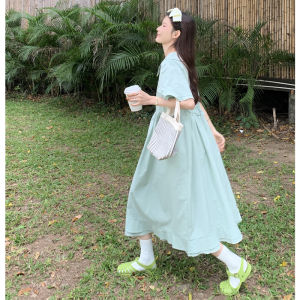 Sweet Summer New plus Size Womens Dress Korean Style High Waist Short Sleeve Floral Edge Design Casual Commute Long Dress