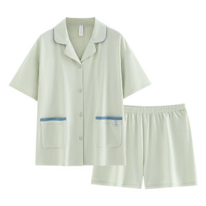 yuenei | Couples Summer Cotton Pajamas Short Sleeve Short Pants Home Clothes Youth Casual Style Green Blue Color Simple Design