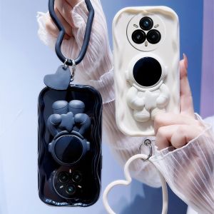 Phone Case Realme 14 Pro + Plus Realme 14X C75 C75x Note 60x 4G 5G Trendy Cool Astronaut Invisible Stand Casing with Heart Shaped Bracelet Solid Color Cream Border Lens Protection Soft Cover