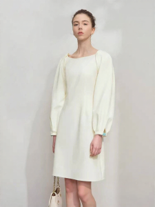 AMII | New Arrivals Large Round Neck Pleated Bell Sleeve Stretch Waist-Fit One-Piece Dress