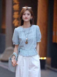 French Lace Trim Short Sleeve Womens Blouse Slim Petite Sweet Youthful