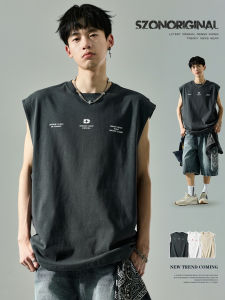 SZON | Mens American Style Simple Print Loose Fit Heavy Duty Breathable Pure Cotton Tank Top